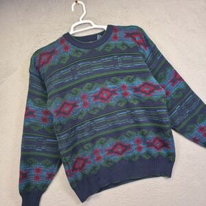 Vintage Atlantic Traders Sweater Mens L Blue Green Grandpa Retro 80s 90s Classic